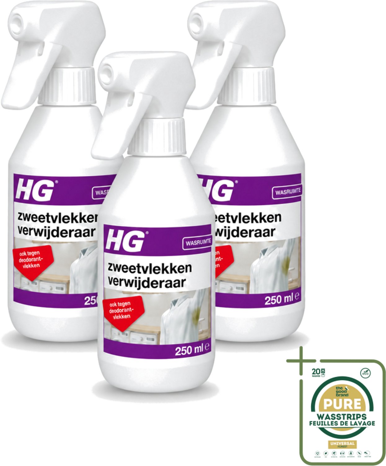 3 x HG - Wasruimte - Zweetvlekkenverwijderaar - Tegen Deodorantvlekken - 250 ml - Wasstrips - Zweetvlekken Verwijderen - Gele Vlekken Verwijderen - Deodorantvlekken Verwijderen - Textiel Reinigen - Wasmiddel Voor Vlekken