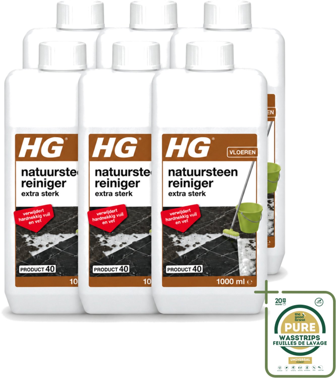 6 x HG - Natuursteenreiniger - Extra Sterk - Verwijdert Hardnekkig Vuil & Vet - 1L - Wasstrips - Natuursteen Reinigen - Vet Verwijderen - Natuursteen Reiniger - Marmer Reinigen - Travertin Reinigen