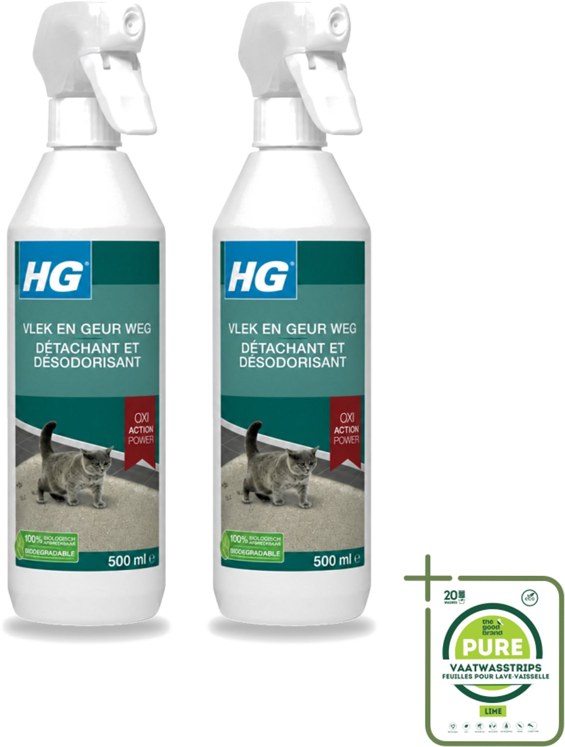 2 x HG - Vlek & Geur Weg - Tegen Kattengeuren- Oxi Action Power - 100% Biologisch - 500 ml - Grootverpakking - Vaatwasstrips - Vlek Verwijderen - Geur Weg - Katten Vlek - Katten Geur - Tapijt Reinigen