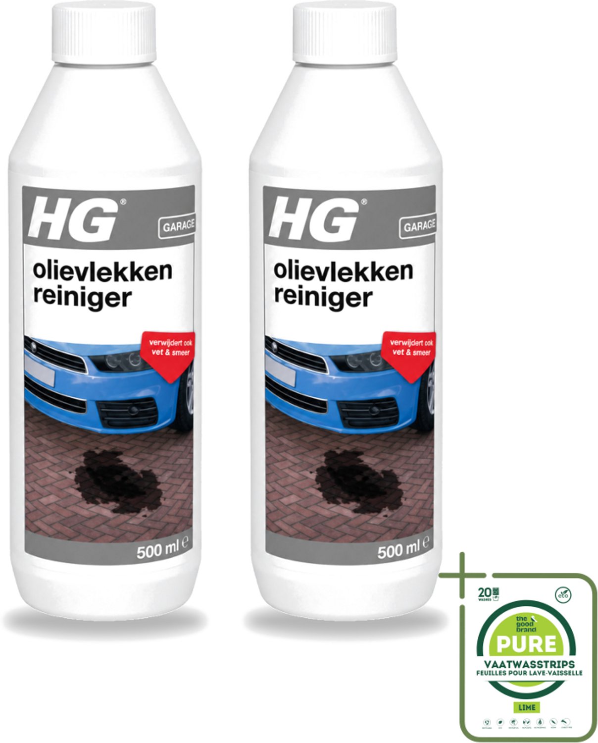 2 x HG - Olievlekkenreiniger - Verwijdert Ook Vet & Smeer - 500 ml - Grootverpakking - Vaatwasstrips - Olievlekkenreiniger - Vetvlekken - Smeer - Beton Reinigen - Cement Reinigen