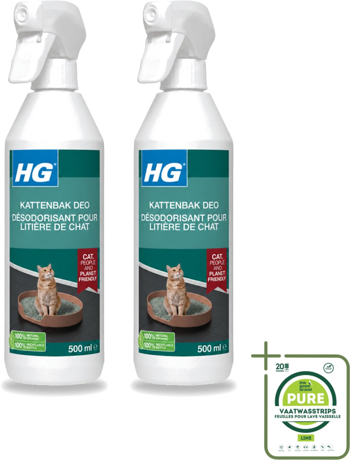 2 x HG - Kattenbak Deo - Neutraliseert Geuren - 100% Biologisch - 500 ml - Grootverpakking - Vaatwasstrips - Kattenbak Deo - Geurneutralisatie - Kattenbak Geuren - Geurverwijderaar - Kattenbak Reinigen