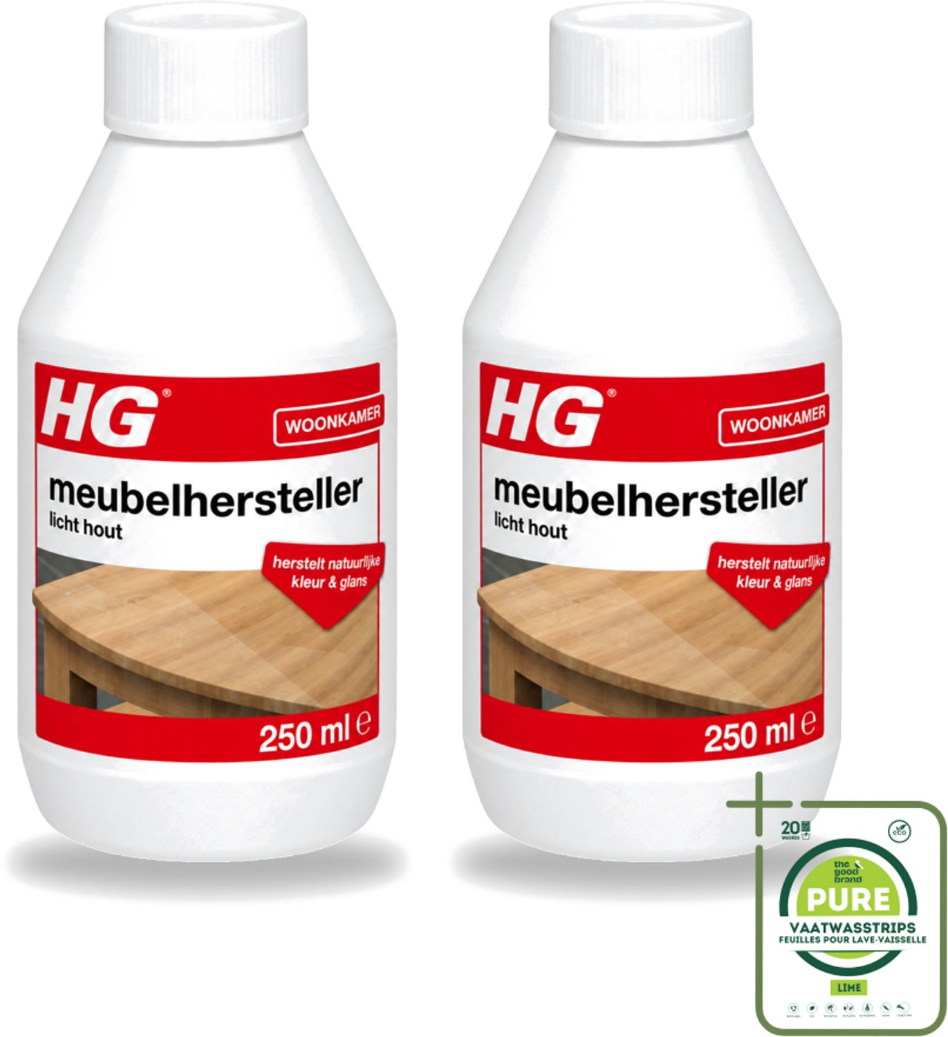 2 x HG - Meubelhersteller Licht Hout - Herstelt Natuurlijke Kleur & Glans - 250 ml - Grootverpakking - Vaatwasstrips - Houtverzorging - Hout Herstellen - Hout Reinigen - Hout Kleuren Herstellen - Hout Krassen Verbergen