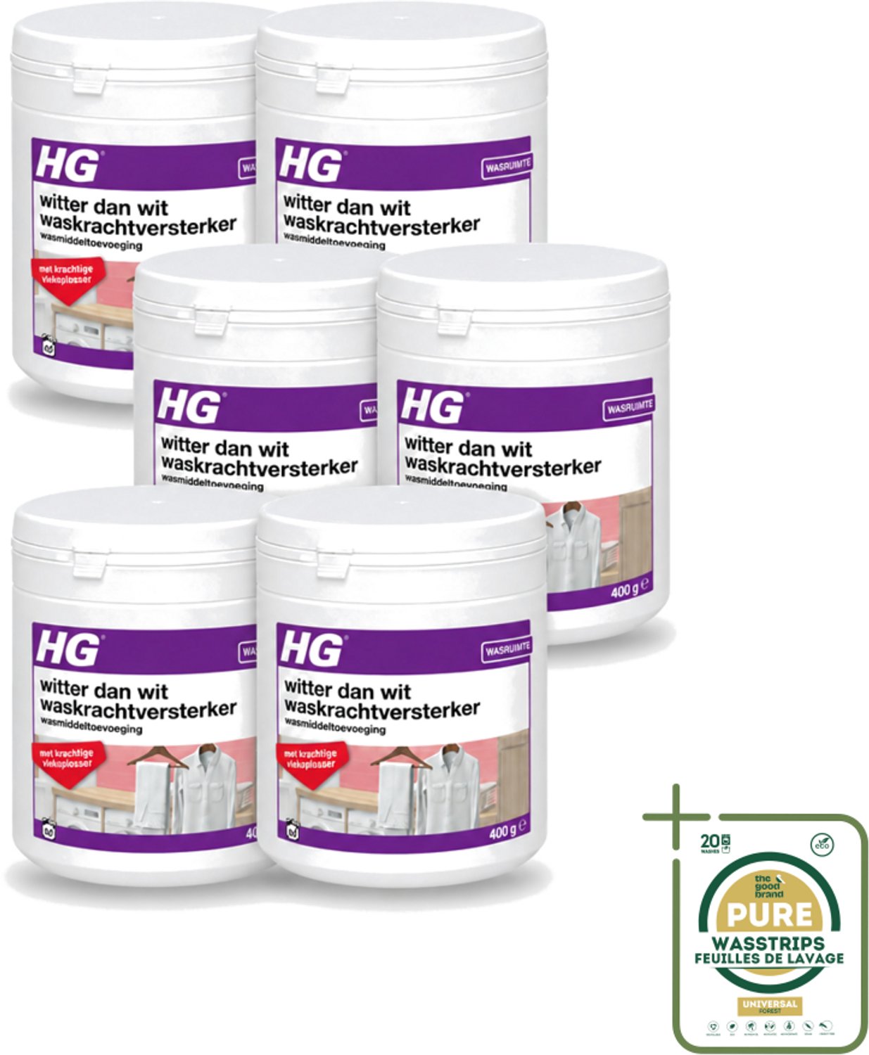 6 x HG - Wasruimte - Witter Dan Wit - Wasmiddeltoevoeging - 400 g - Wasstrips - Wit Textiel - Wasmiddel - Waskracht - Witheid - Wasgoed