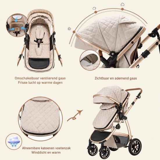 G&G kinderwagen - 3 in 1 - Wandelwagen - Reiswieg - Maxi cosi - Autostoel - Inklapbaar - Regenhoes - Boodschappenmand - Beige van GG — afbeelding 2