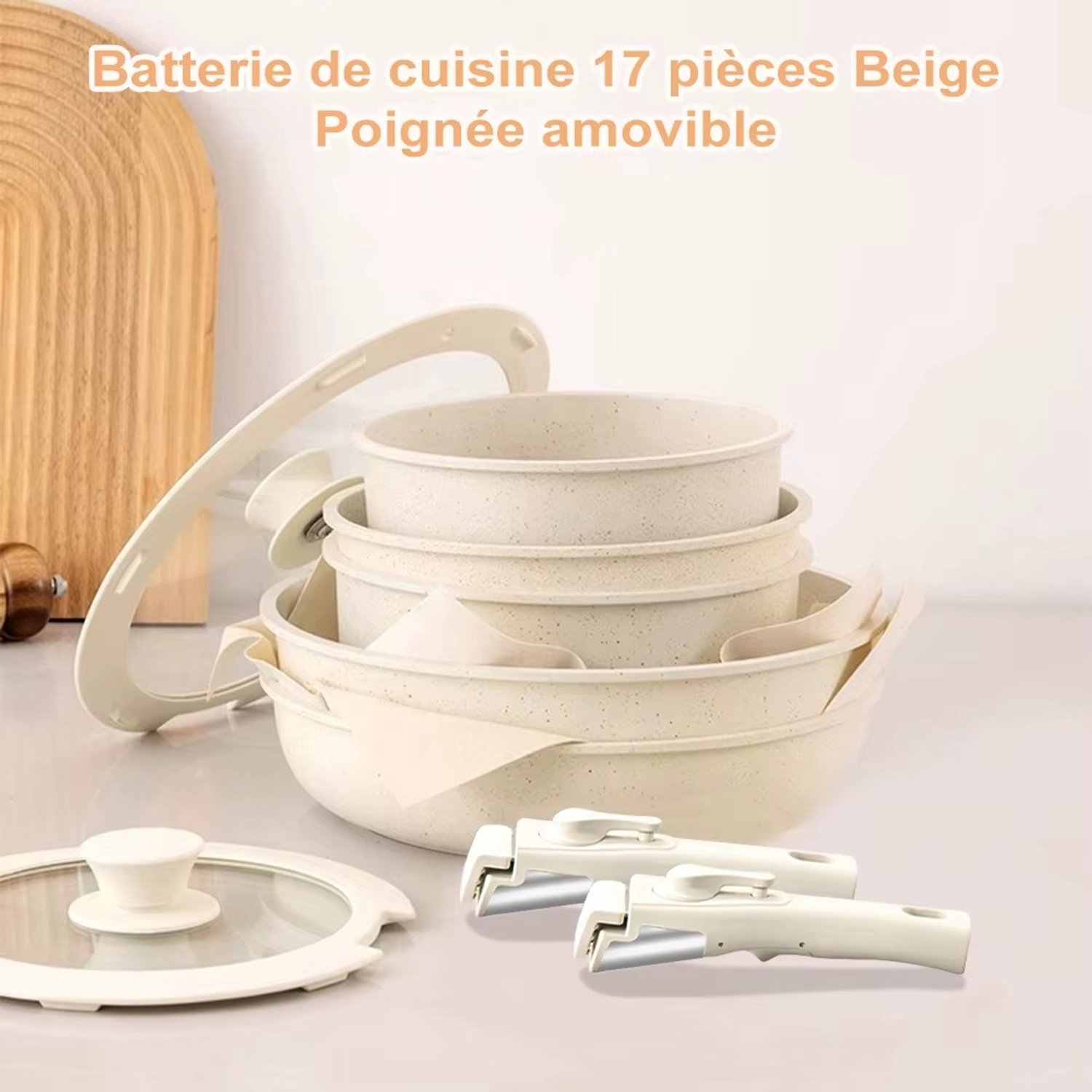CreateEcom pannenset - keukenset - kookpannenset - 17 stks Beige Potten en Pannen Set - Anti-aanbak Kookgerei Sets - Afneembare handvat met Koekenpannen & Steelpan Kookgerei Kookset