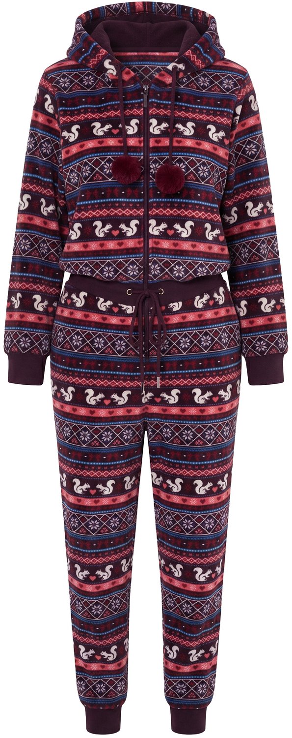 Ulla Popken - Dames - Loungewear-overall Noors patroon capuchon lange mouwen - Donkerpruim - Maat 50+