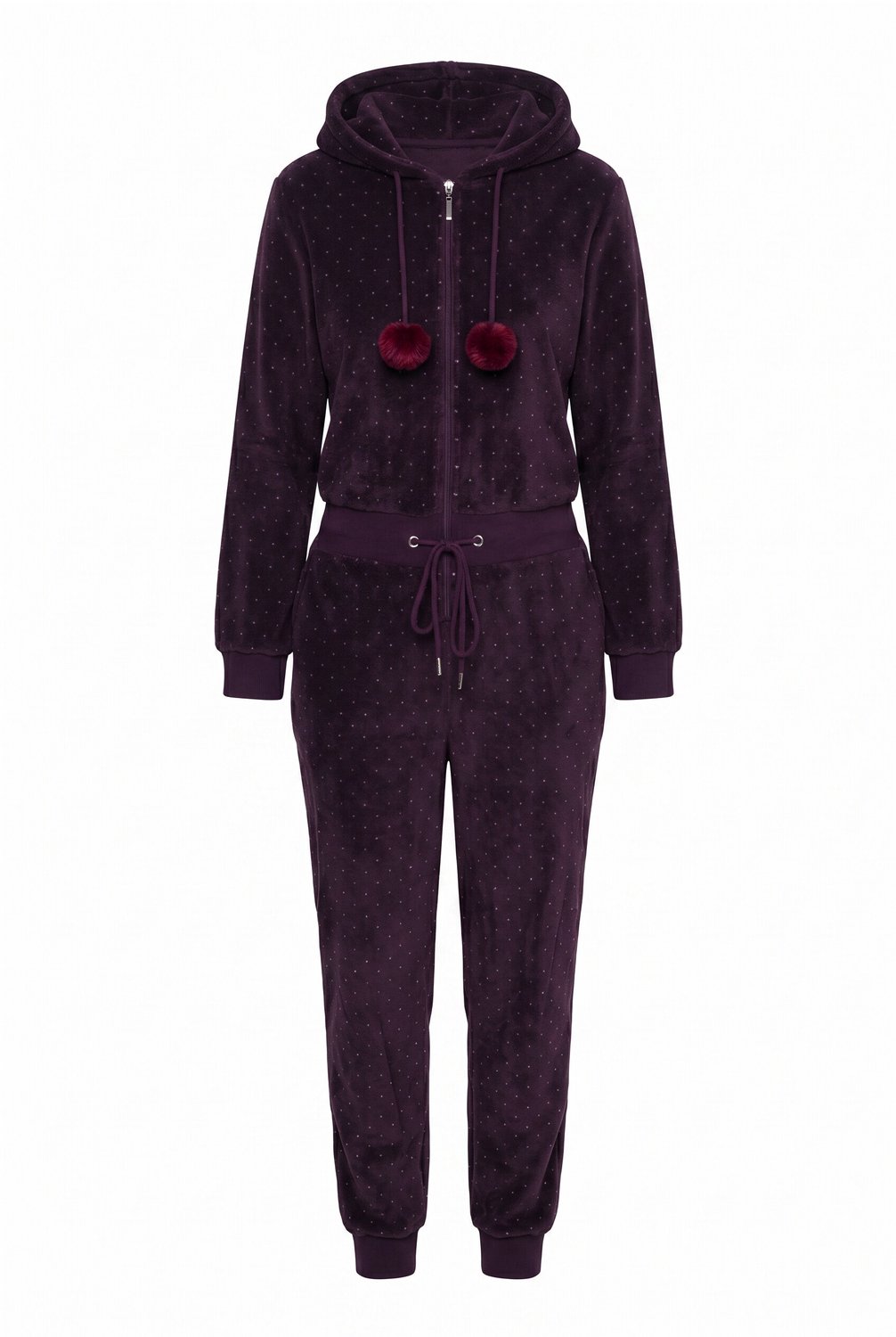 Ulla Popken - Dames - Homewear overall pluche stippen capuchon lange mouwen - Donkerpruim - Maat 42+