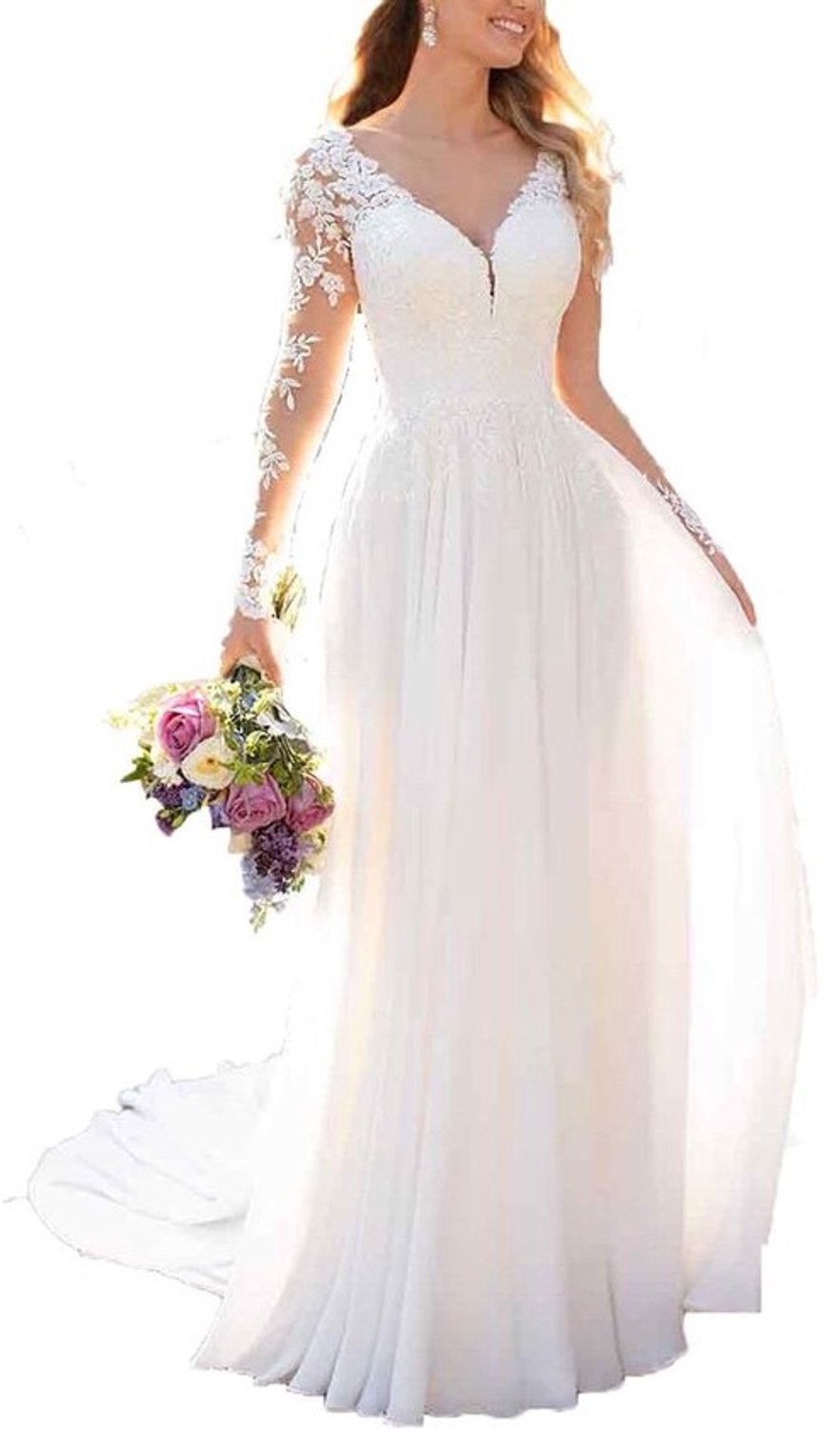 Bruidsjurken - Trouwjurken dames - Bruiloft viering - Kant applicaties - Lange mouwen - Chiffon
