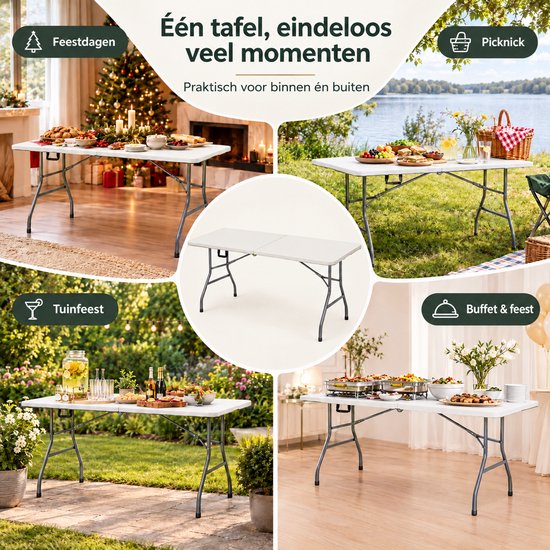 Inklapbare Tafel – Klaptafel 180 x 74 x 74 cm – Vouwtafel, Campingtafel, Tuintafel, Buffettafel & Partytafel – 6 tot 8 Personen – Opvouwbaar tot Koffer met Draaghandvat – Weerbestendig – Wit – Monza Home — afbeelding 2