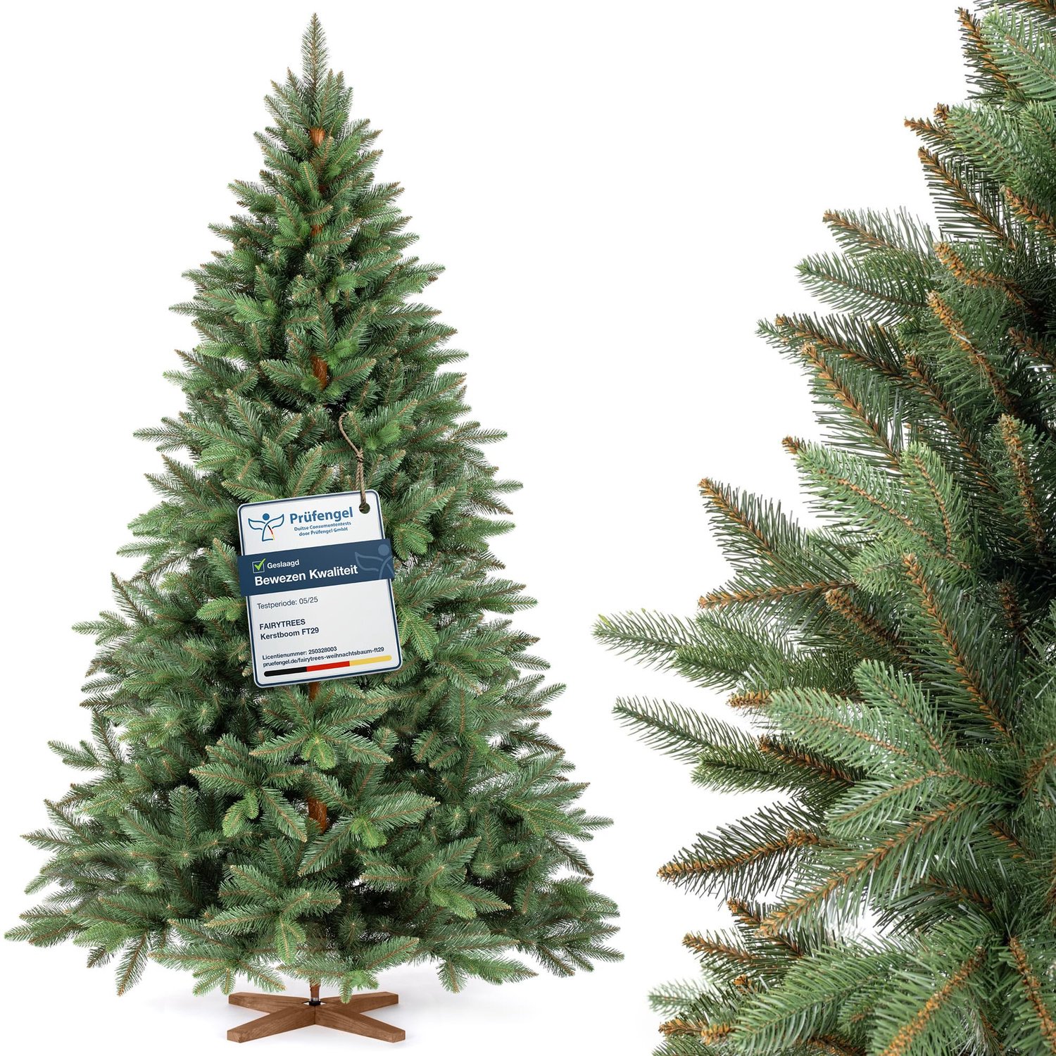 FairyTrees Kunstkerstboom Nordmann Premium 220 cm – Realistische Spuitgiet Naalden – Met Essenhouten Standaard – Gemaakt in de EU