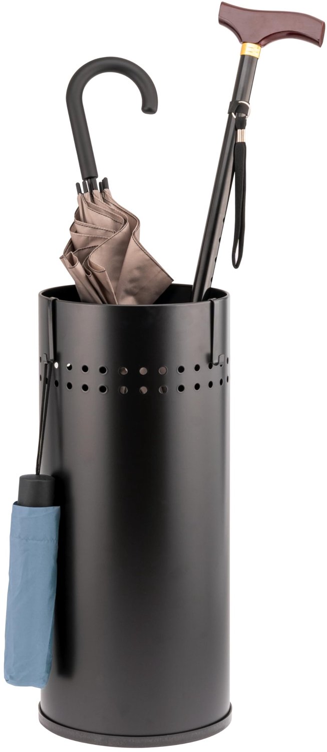 Famanu Paraplubak met lekbak en 2 haken, perfect voor hal, kantoor of studeerkamer, ook geschikt voor wandelstokken of papierrollen, zwart