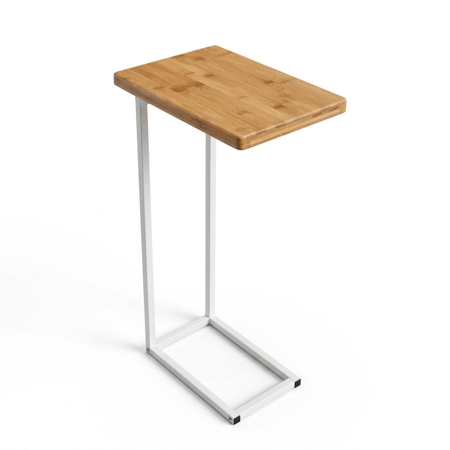 Famanu C-vorm bijzettafel voor woonkamer, multifunctionele nachttafel en laptoptisch, 40x25x68 cm, combinatie van staal en natuurlijk hout wit