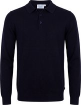 Donkerblauwe polo met lange mouwen, knoopsluiting en label 'VERCATE Cashmere Blend'.