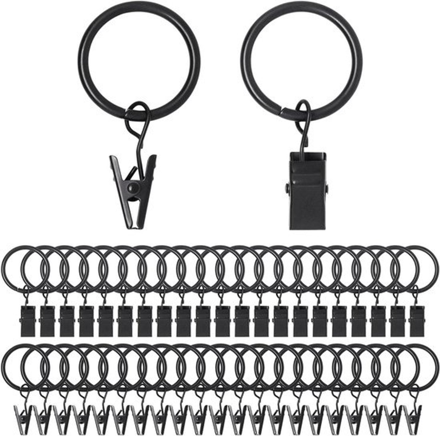 Gordijnringen met Clips - Hangende Clips Hangers - Gordijnen Ophangen - Duurzaam Dik Ijzer - 44 Stuks - Zwart