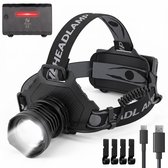 Nuvance LED hoofdlamp met batterijpakket, 4 clips en USB-kabels, geïsoleerd op witte achtergrond.