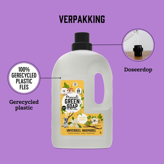 Witte fles met geel etiket, '100% gerecycled plastic' cirkel. Inclusief een foto van de doseerdop.