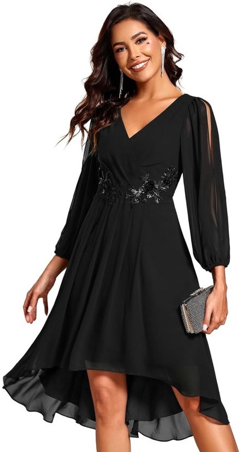 Ever-Pretty EG02926 Women's Wedding Dress for Guests Ladies Knee-Length Appliqué V-Neck Long Sleeve Chic Dress