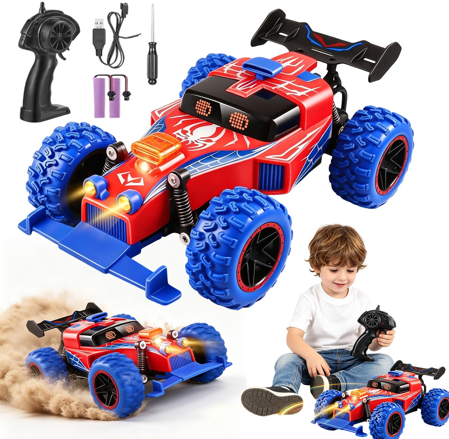 RC Auto Offroad - Bestuurbare Auto - Speelgoed Binnen & Buiten - Afstandsbestuurbaar Raceauto - 2 Accu's - 15 km/u - Antislipbanden - met Smiley Koplampen - Voor Diverse Terreinen