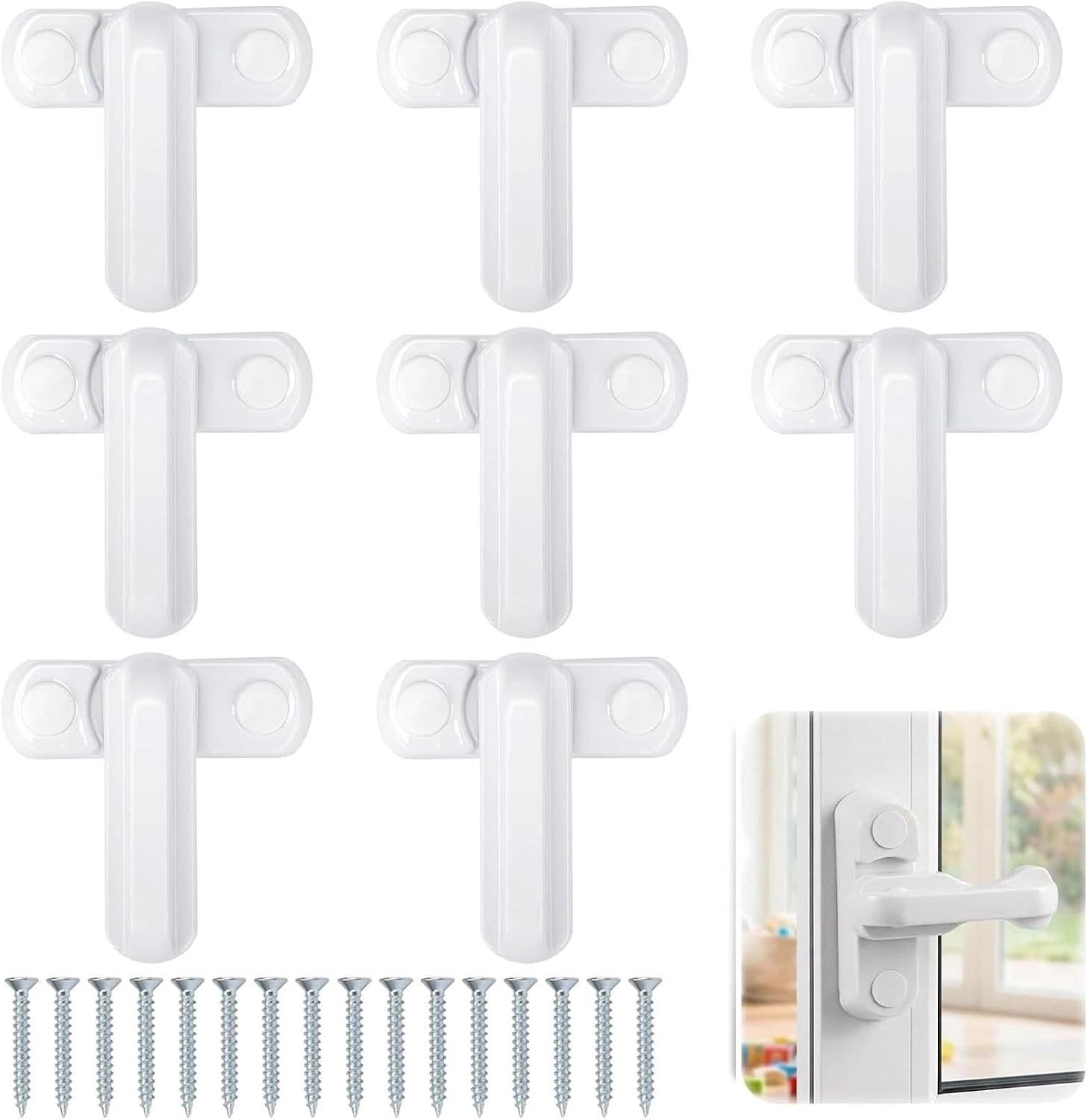 Set van 8 Raambeveiliging, Aluminium Raamsloten, Houten en UPVC Raamvergrendeling voor Extra Veiligheid (45mm x 18mm, Wit)