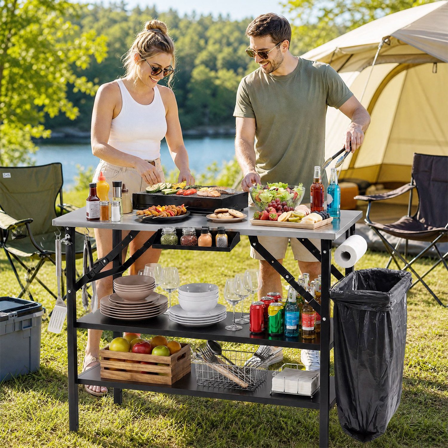 SureDeal® - Eettafel - Opvouwbare Campingtafel - Roestvrijstalen Werkblad Draagbare - 109x55x83 cm - Zwart + Zilver