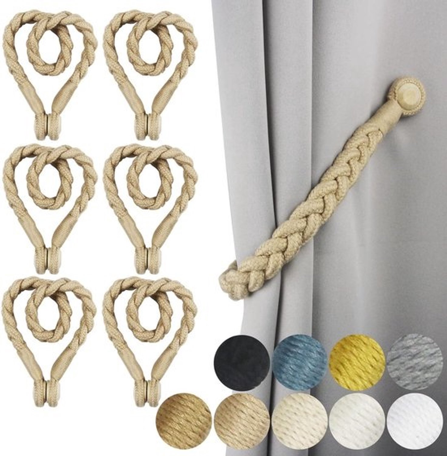 Gordijnbanden Set - Gordijn Tiebacks - Gordijnen Bevestigen - Handgeweven Katoen - 6 Stuks - Donker Beige