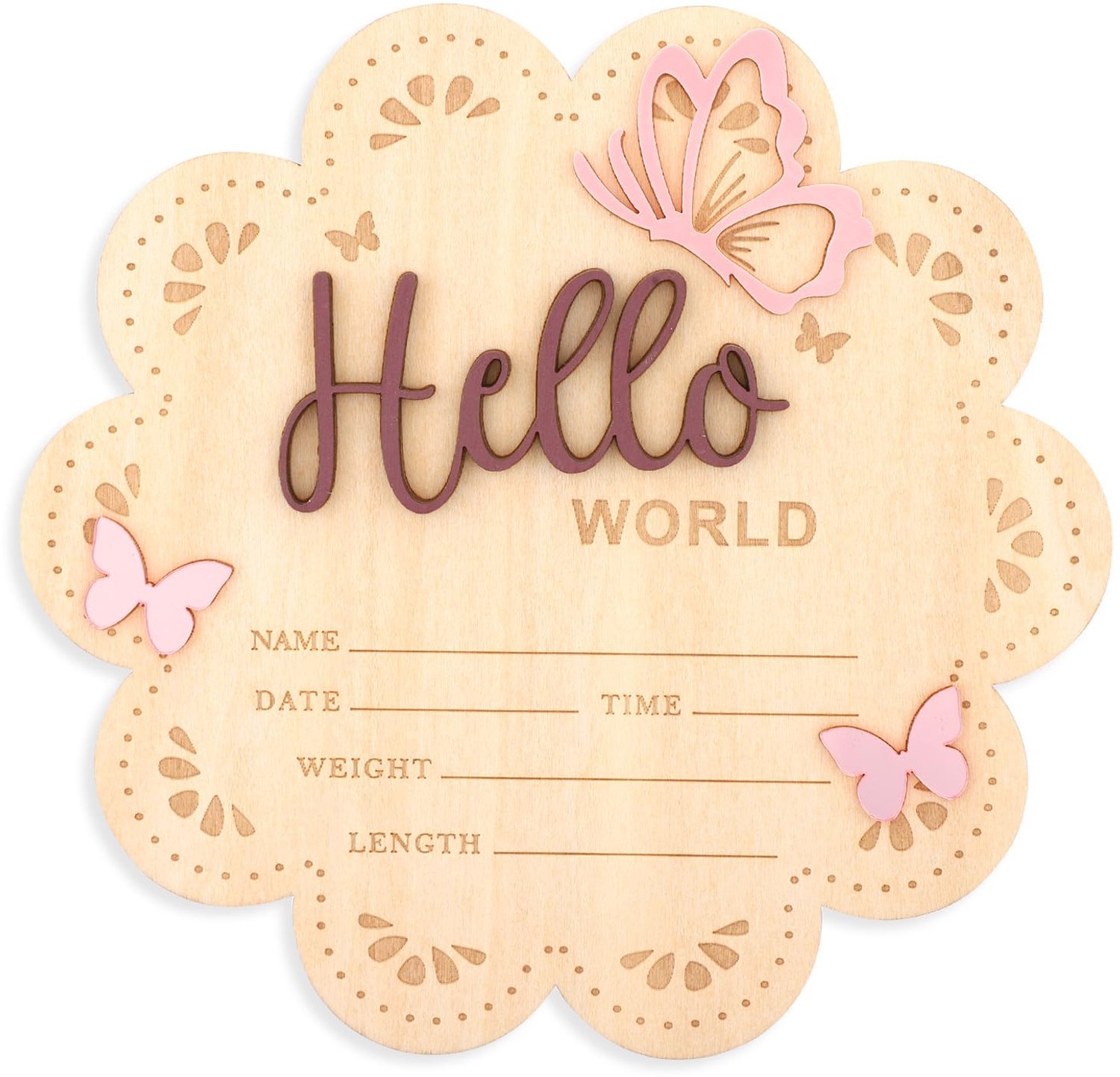 Aankondigingsbord pasgeborenen 15,5cm - houten bruin - Hello World bord - perfect voor fotomomenten - ShopVlot