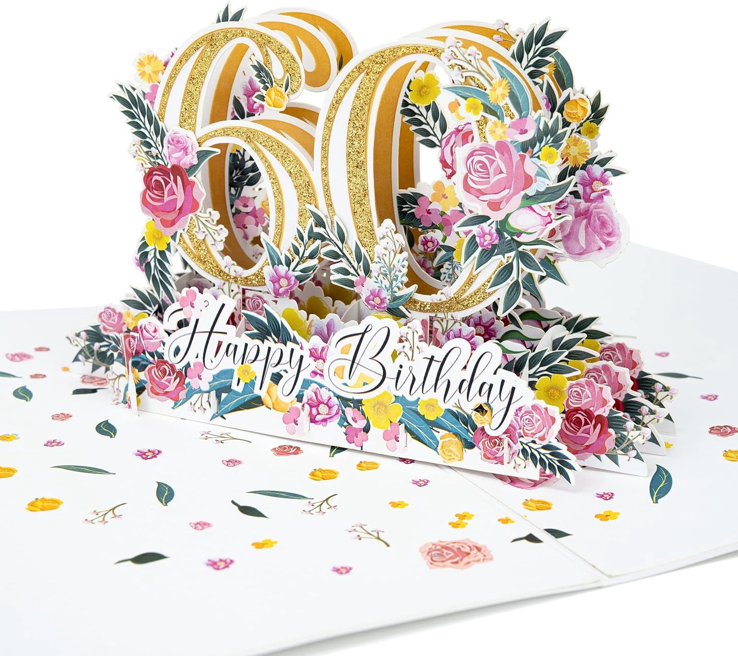 Pop-Up 3D verjaardagskaart 60 jaar - glitter goud - grote kaart met bloemen - perfect voor verjaardag - ShopVlot