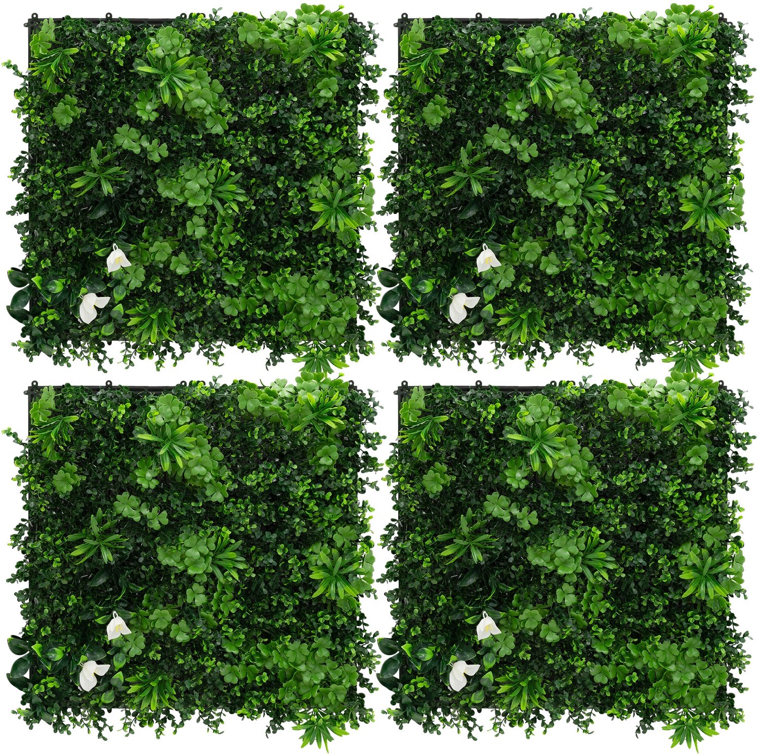 ECD Germany Plantenwand 50 x 50 cm, 4 stuks wandpaneel van kunstplanten, kunstplantenwand privacyscherm weerbestendig, makkelijk te verzorgen en duurzaam voor buiten en binnen, uv-bestendig kunsthaag paneel voor uw tuin en balkon, groen white jasmine