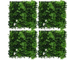 ECD Germany Plantenwand 50 x 50 cm, 4 stuks wandpaneel van kunstplanten, kunstplantenwand privacyscherm weerbestendig, makkelijk te verzorgen en duurzaam voor buiten en binnen, uv-bestendig kunsthaag paneel voor uw tuin en balkon, groen white jasmine