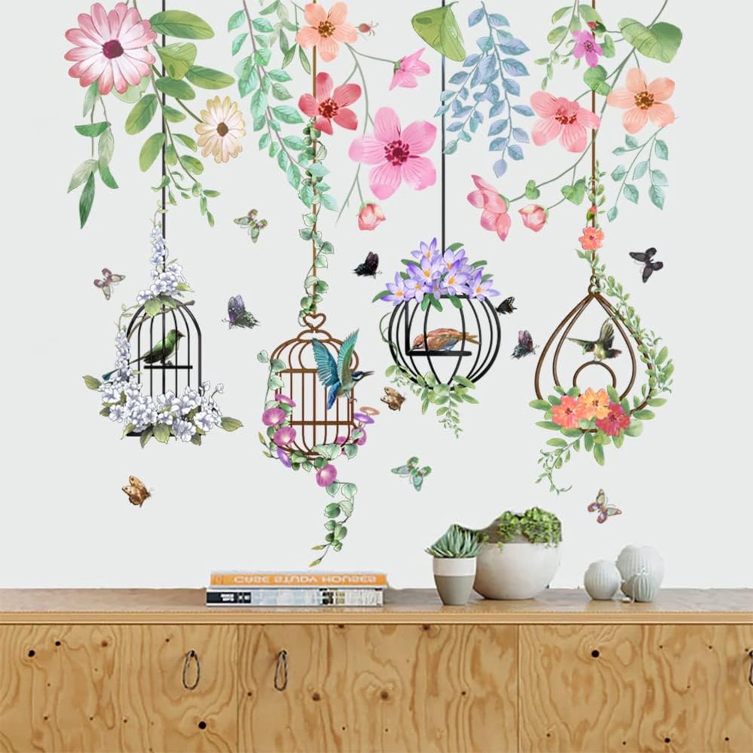 Muurstickers vogelkooi - Vlinder en bloem ontwerp - Hangende wijnstok - Decor voor woonkamer en kinderkamer - ShopVlot