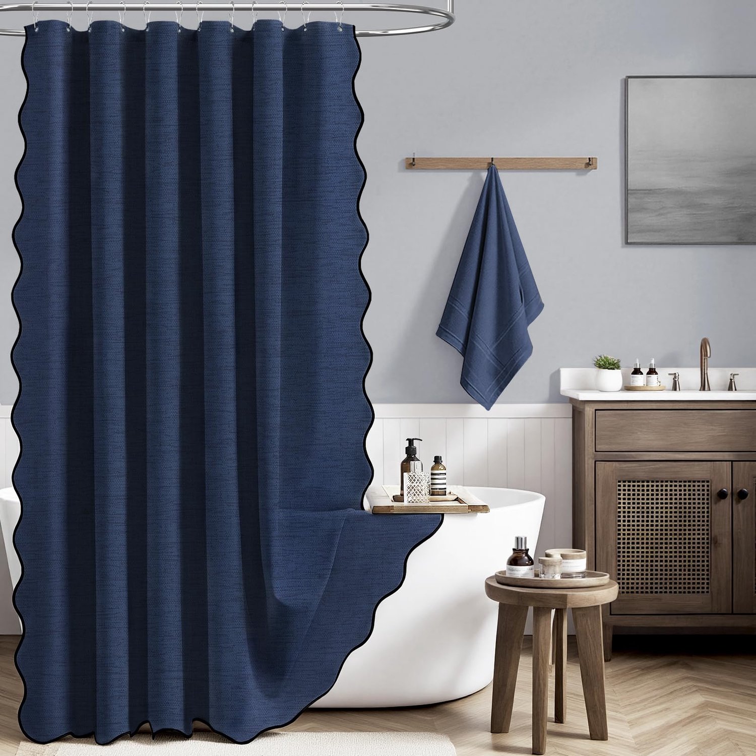 BTTN Douchegordijn met geschulpte 123 x 184 cm - faux linnen, wasbaar, compact & boho, textiel douchegordijn incl. 8 plastic haken, douchegordijnen me