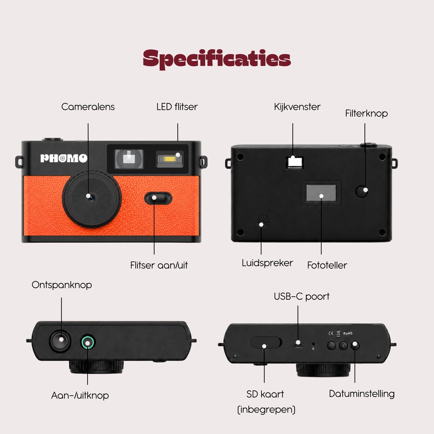 Phomo Digitale Retro Camera - Compact Camera - 8MP - 4 Retrofilters - Flits - SD-kaart - USB-C - Oranje thumbnail 3