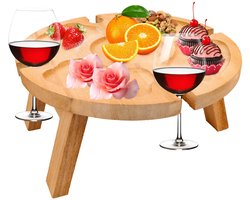 Jognee Opvouwbare picknicktafel van hout, picknicktafel, opvouwbare picknicktafel met rode wijnglashouder, outdoor wijntafel, inklapbaar, kleine stran