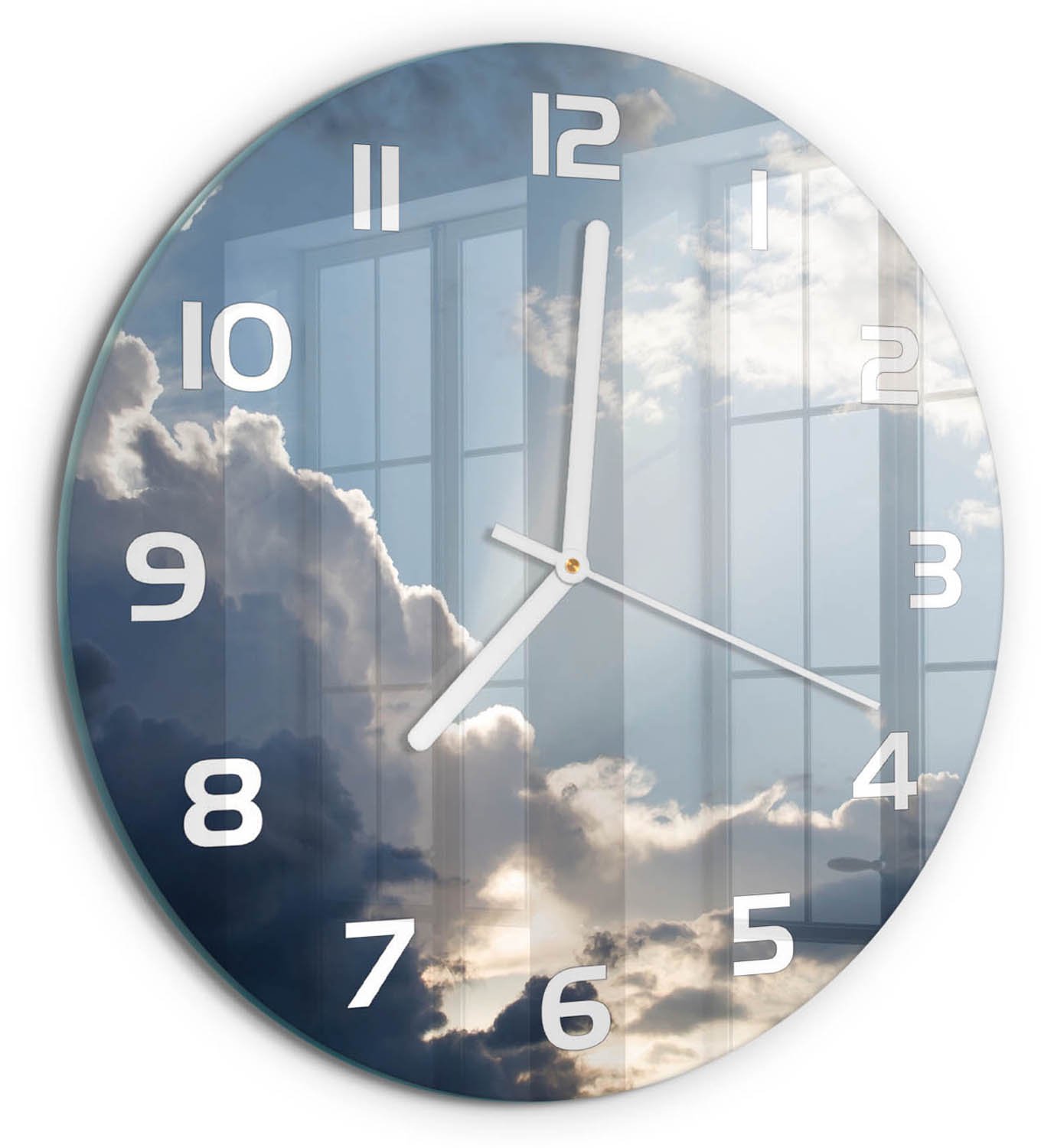 TULUP Wandklok - Wolken aan de hemel Klok Glas Met Opdruk - fi30 cm - Blauw Moderne Wandklok Glas - Witte handen - Ronde Klok - Decoratieve Glazen Klok - Glazen Wandklok Design
