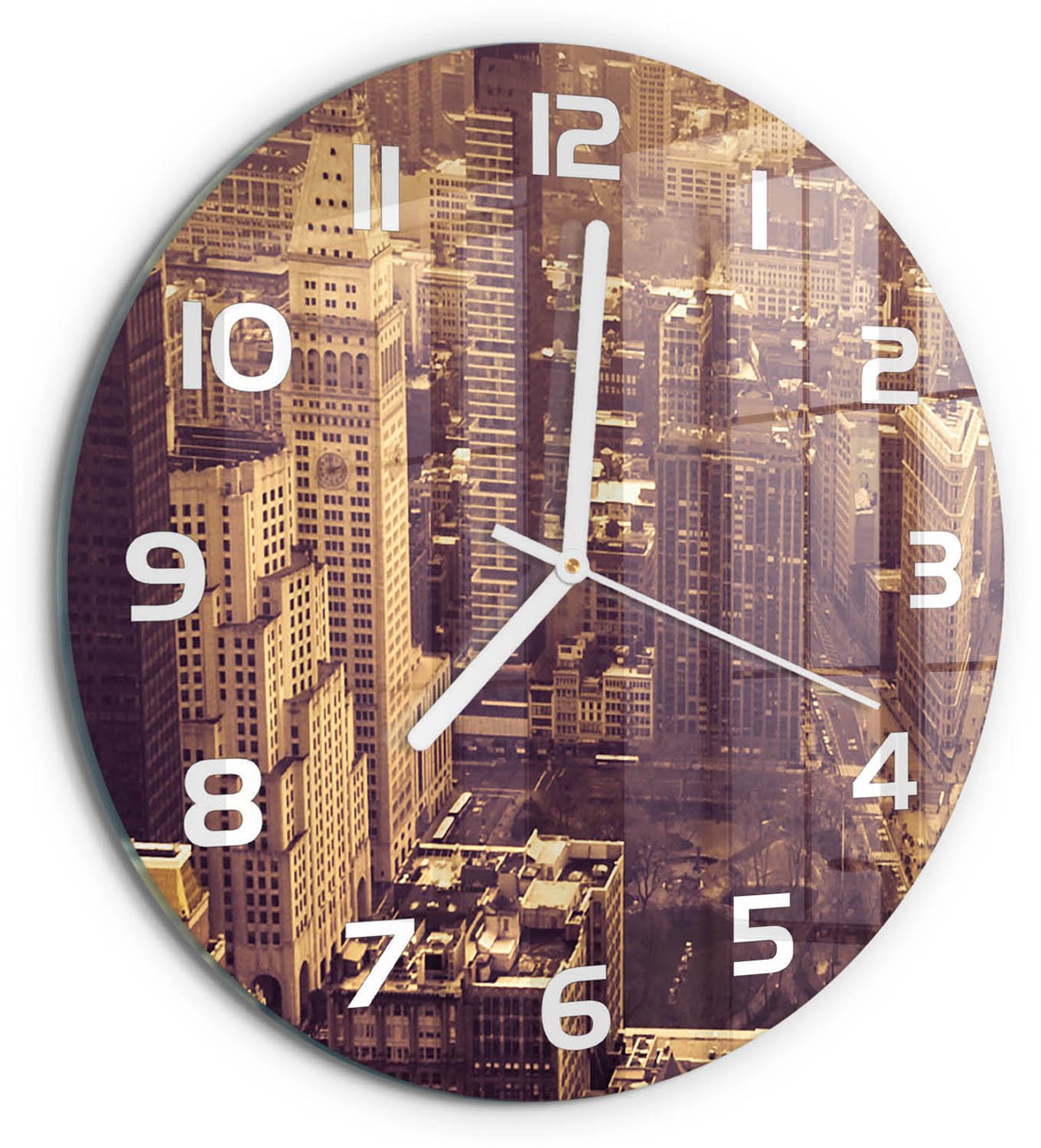 TULUP Wandklok - Manhattan, New York Gekleurde Glazen Klok - fi30 cm - Geel Glazen Klok Met Print - Witte handen - Ronde Klok - Moderne Wandklok Glas - Wandklok Glas Decoratie