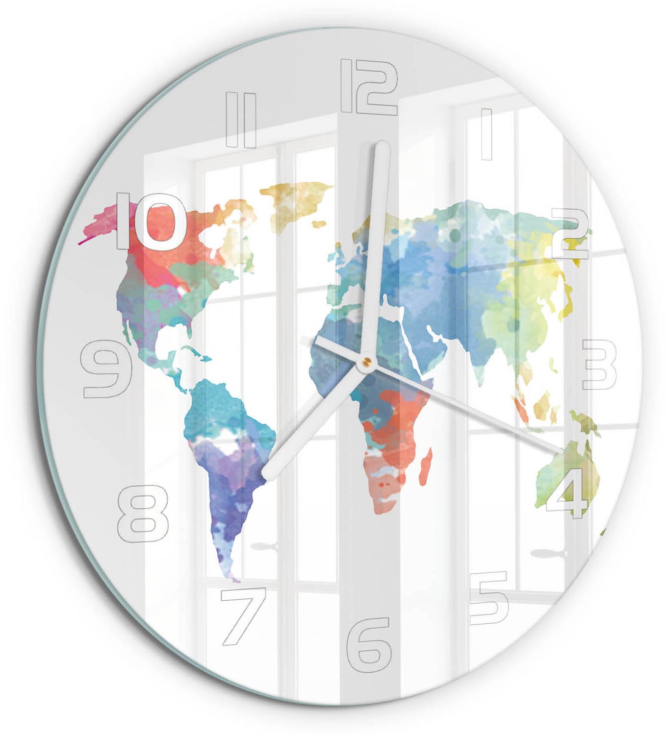 TULUP Wandklok - Wereldkaart Decoratieve Glazen Klok - fi30 cm - Veelkleurig Glazen Wandklok Design - Witte handen - Ronde Klok - Glazen Klok Met Print - Wandklok Glas Met Motief