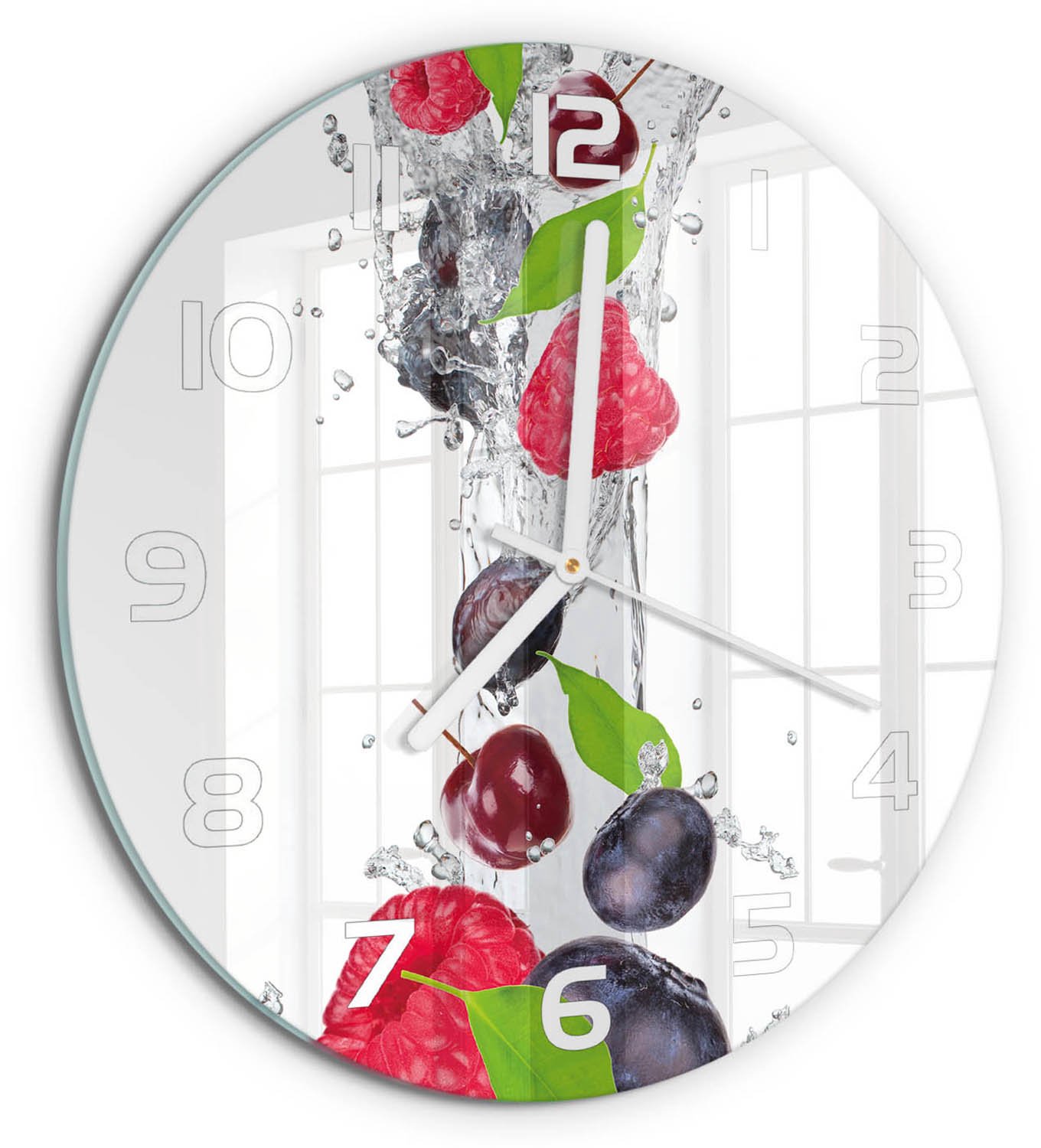 TULUP Wandklok - Fruit en water Wandklok Glas Decoratie - fi30 cm - Veelkleurig Gekleurde Glazen Klok - Witte handen - Ronde Klok - Klok Glas Met Opdruk - Moderne Wandklok Glas
