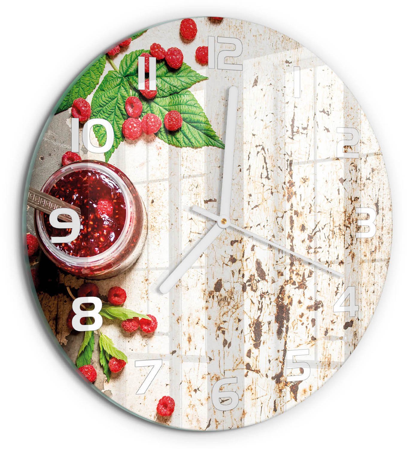 TULUP Wandklok - Frambozenjam Wandklok Glas Decoratie - fi30 cm - Rood Gekleurde Glazen Klok - Witte handen - Ronde Klok - Klok Glas Met Opdruk - Moderne Wandklok Glas