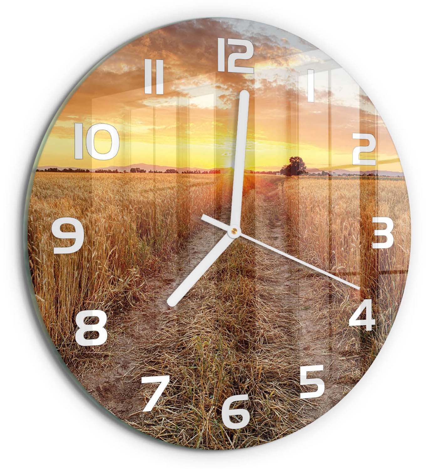 TULUP Wandklok - Tarweveld Klok Glas Met Opdruk - fi30 cm - Geel Moderne Wandklok Glas - Witte handen - Ronde Klok - Decoratieve Glazen Klok - Glazen Wandklok Design