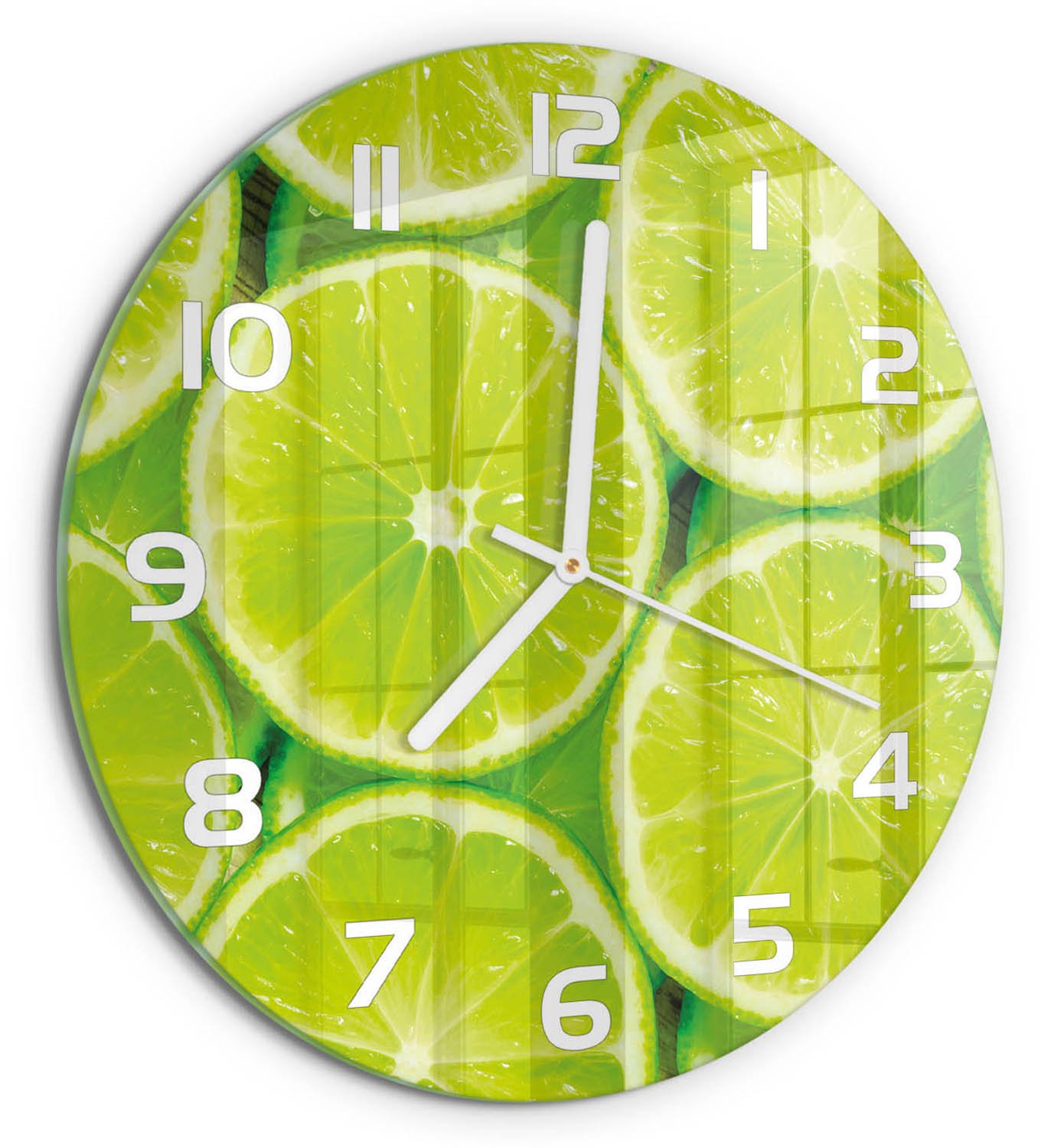 TULUP Wandklok - Limoenen Gekleurde Glazen Klok - fi30 cm - Groente Glazen Klok Met Print - Witte handen - Ronde Klok - Moderne Wandklok Glas - Wandklok Glas Decoratie