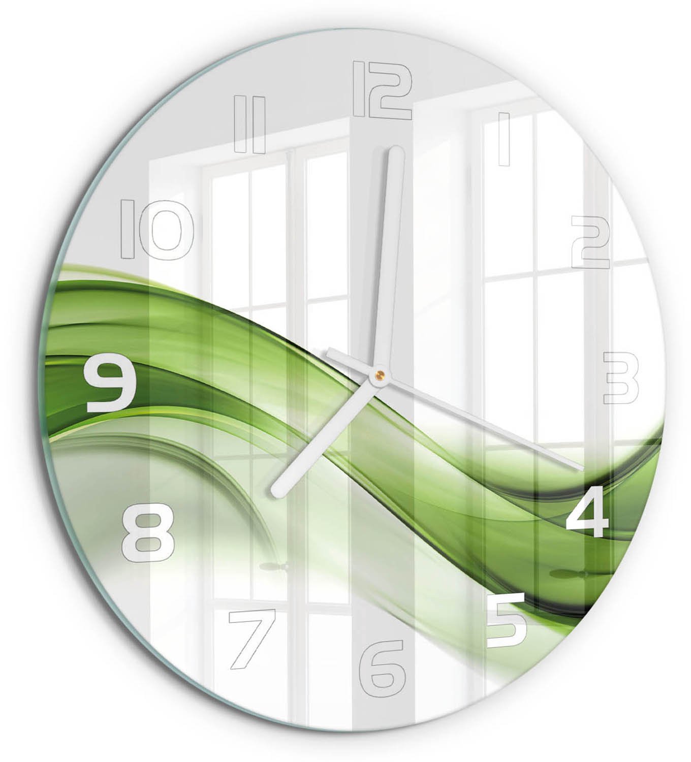 TULUP Wandklok - Groene golf Gekleurde Glazen Klok - fi30 cm - Groente Glazen Klok Met Print - Witte handen - Ronde Klok - Moderne Wandklok Glas - Wandklok Glas Decoratie
