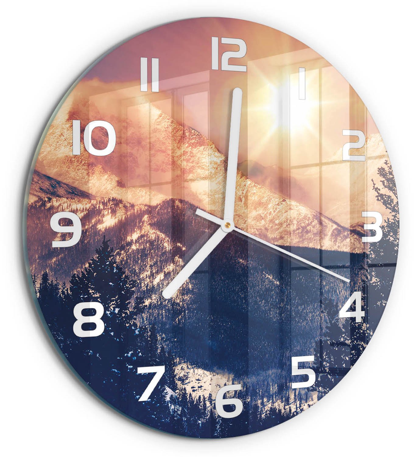 TULUP Wandklok - De zon boven de bergen Wandklok Glas Met Motief - fi30 cm - Geel Decoratieve Glazen Klok - Witte handen - Ronde Klok - Gekleurde Glazen Klok - Glazen Klok Met Print