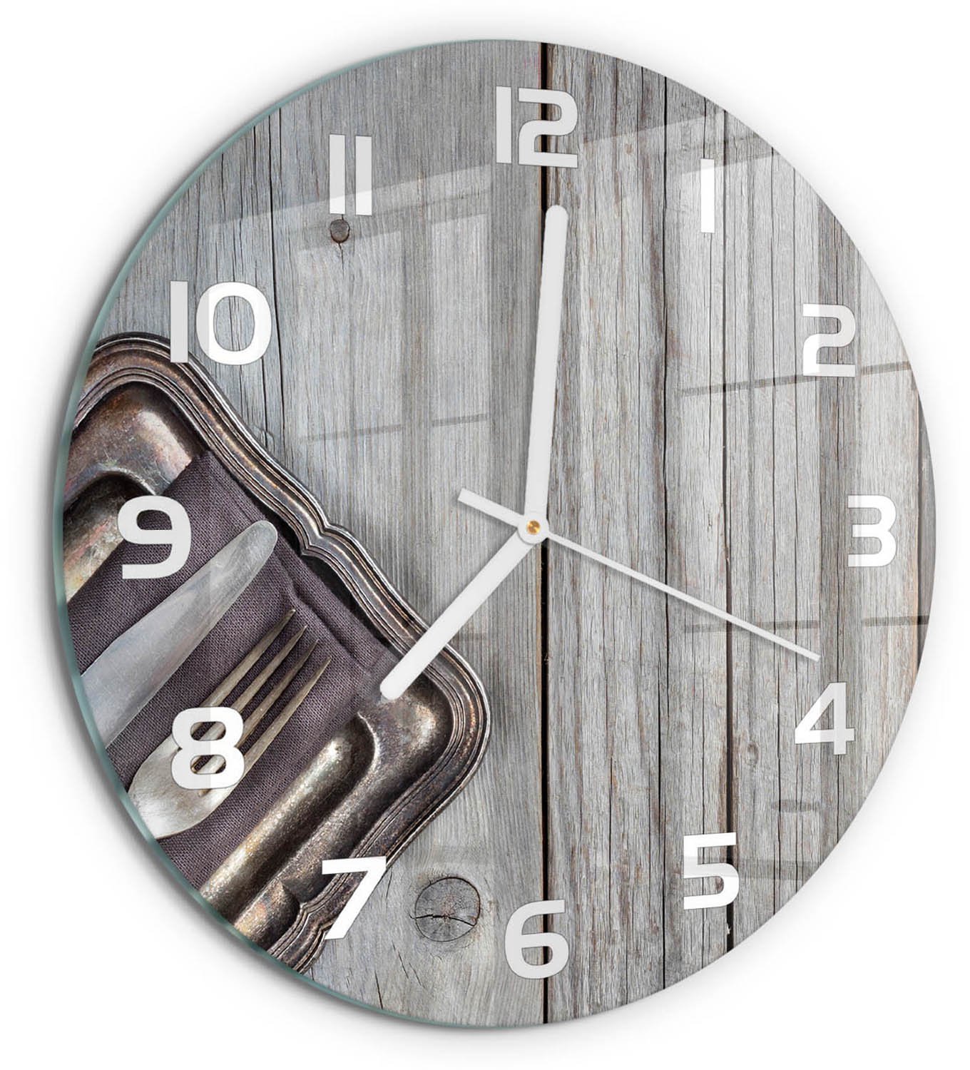 TULUP Wandklok - Bestek op snijplanken Glazen Wandklok Design - fi30 cm - Beige Klok Glas Met Opdruk - Witte handen - Ronde Klok - Wandklok Glas Met Motief - Decoratieve Glazen Klok