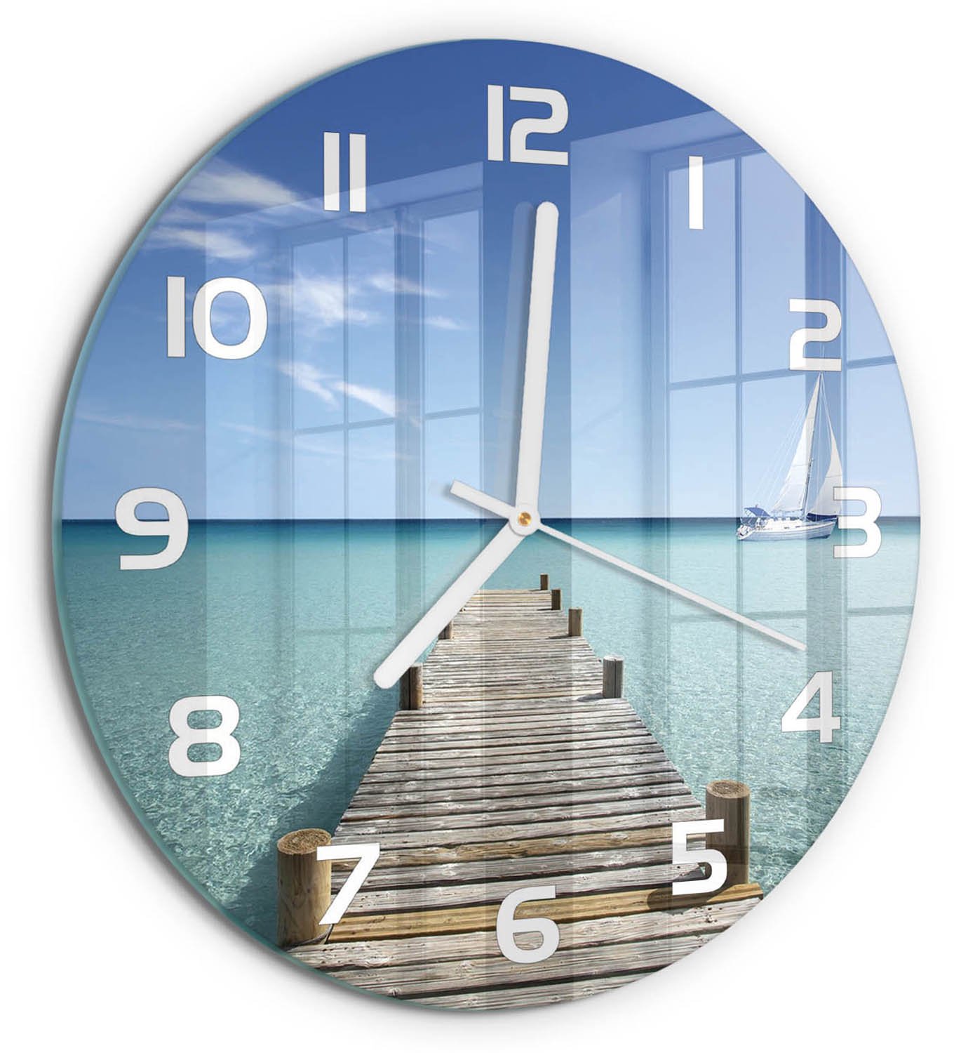 TULUP Wandklok - Houten brug Moderne Wandklok Glas - fi30 cm - Blauw Wandklok Glas Decoratie - Witte handen - Ronde Klok - Glazen Wandklok Design - Klok Glas Met Opdruk