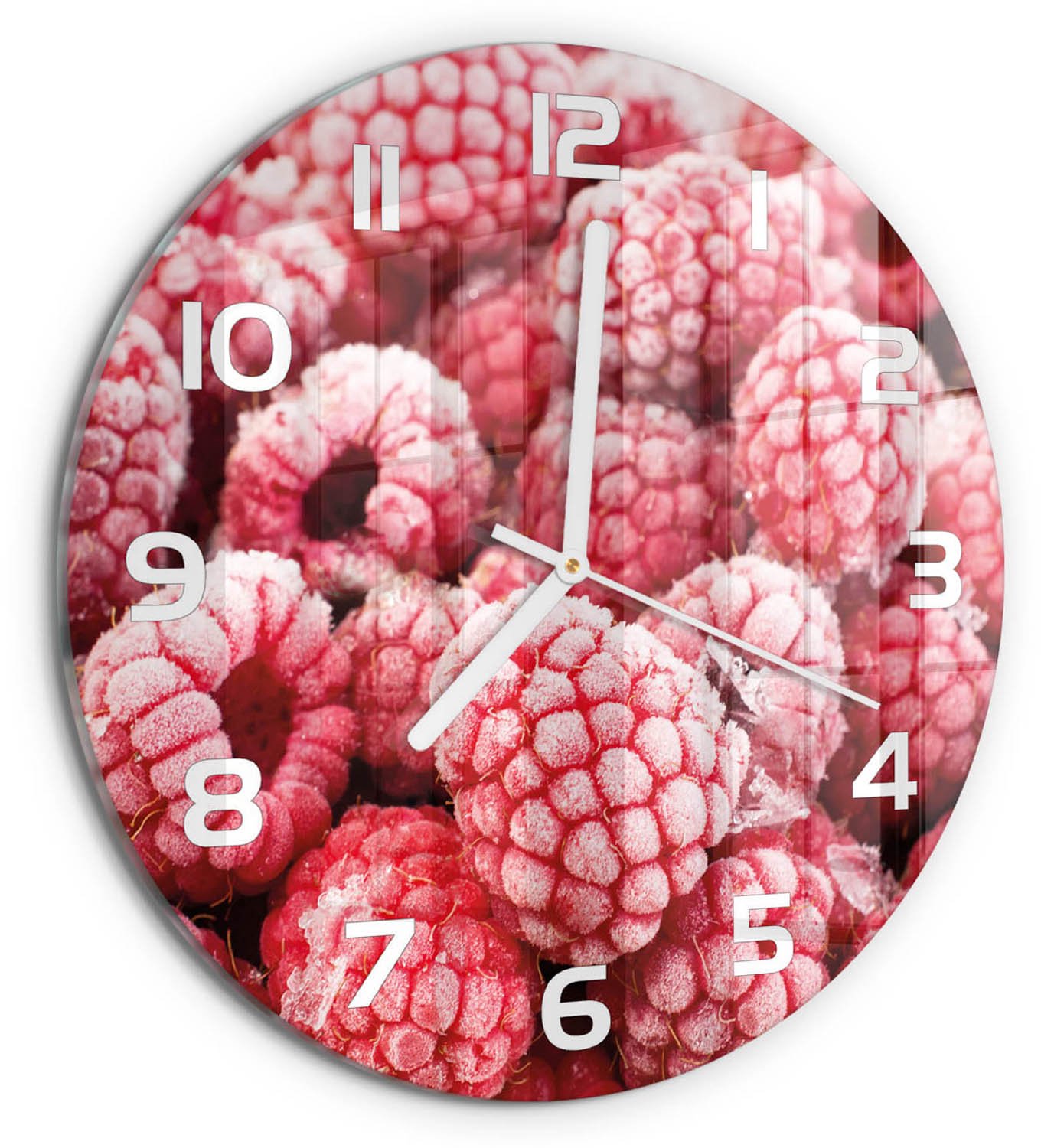 TULUP Wandklok - Bevroren frambozen Decoratieve Glazen Klok - fi30 cm - Rood Glazen Wandklok Design - Witte handen - Ronde Klok - Glazen Klok Met Print - Wandklok Glas Met Motief