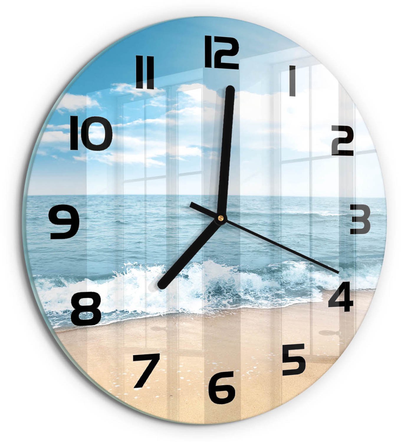 TULUP Wandklok - Strand Klok Glas Met Opdruk - fi30 cm - Blauw Moderne Wandklok Glas - Zwarte handen - Ronde Klok - Decoratieve Glazen Klok - Glazen Wandklok Design