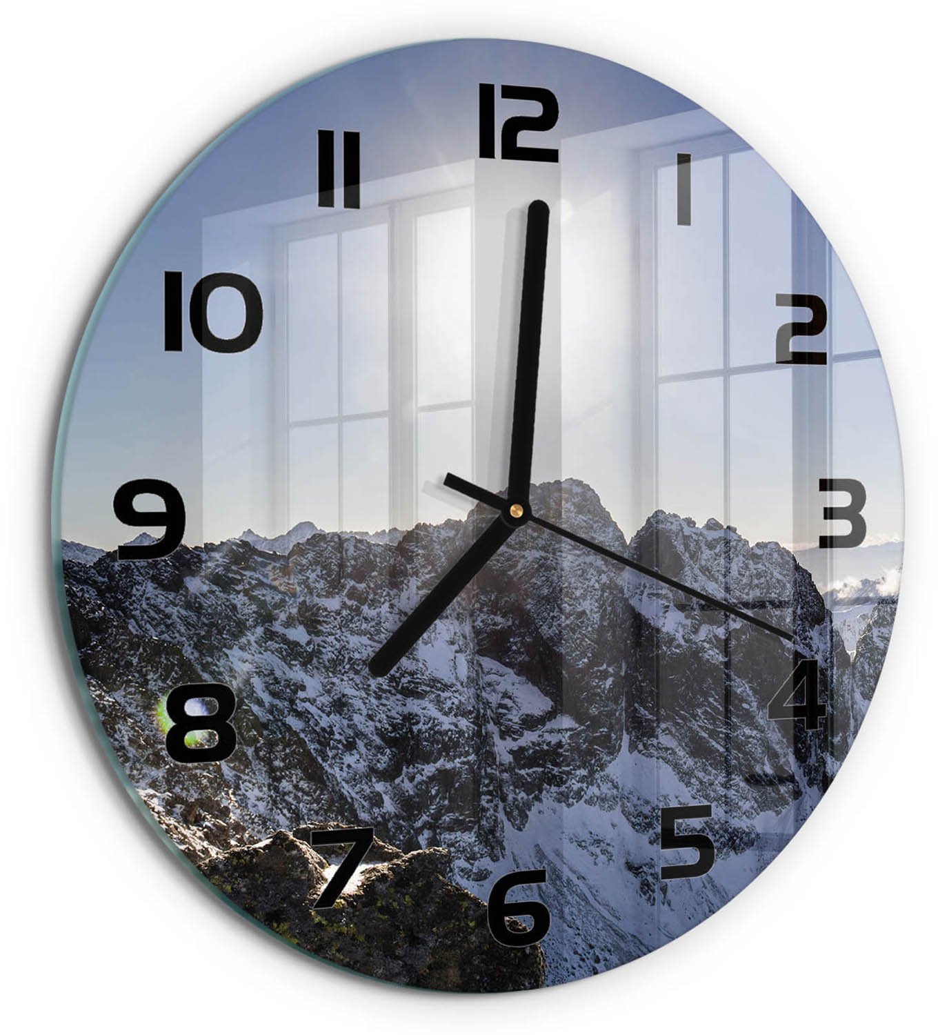 TULUP Wandklok - De winter in het Tatragebergte Wandklok Glas Met Motief - fi30 cm - Blauw Decoratieve Glazen Klok - Zwarte handen - Ronde Klok - Gekleurde Glazen Klok - Glazen Klok Met Print