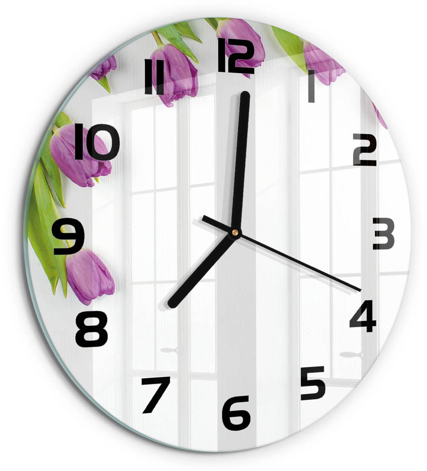 TULUP Wandklok - Paarse tulpen Moderne Wandklok Glas - fi30 cm - Paars Wandklok Glas Decoratie - Zwarte handen - Ronde Klok - Glazen Wandklok Design - Klok Glas Met Opdruk