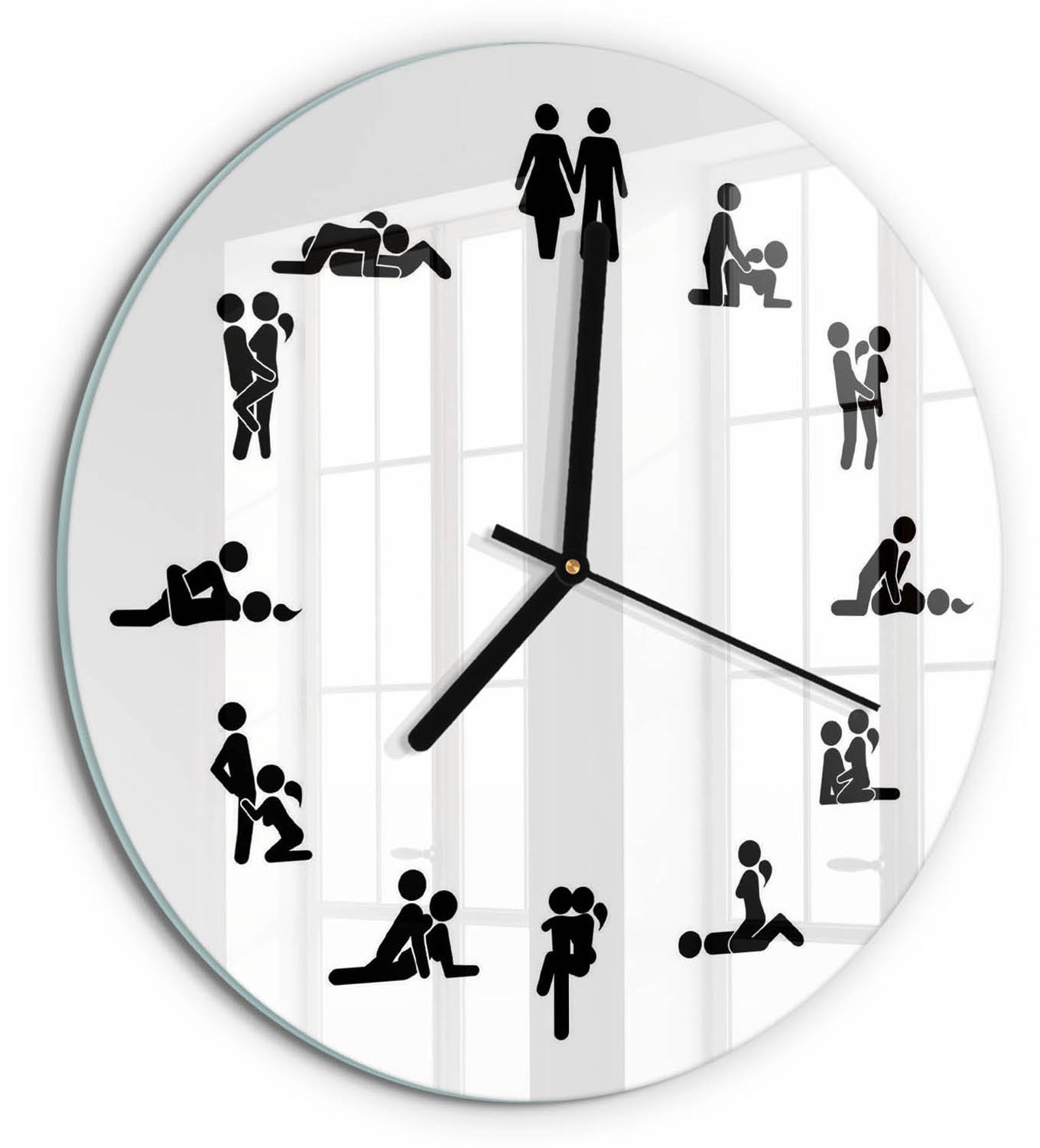 TULUP Wandklok - Kama Sutra Wandklok Glas Met Motief - fi30 cm - Wit Decoratieve Glazen Klok - Zwarte handen - Ronde Klok - Gekleurde Glazen Klok - Glazen Klok Met Print