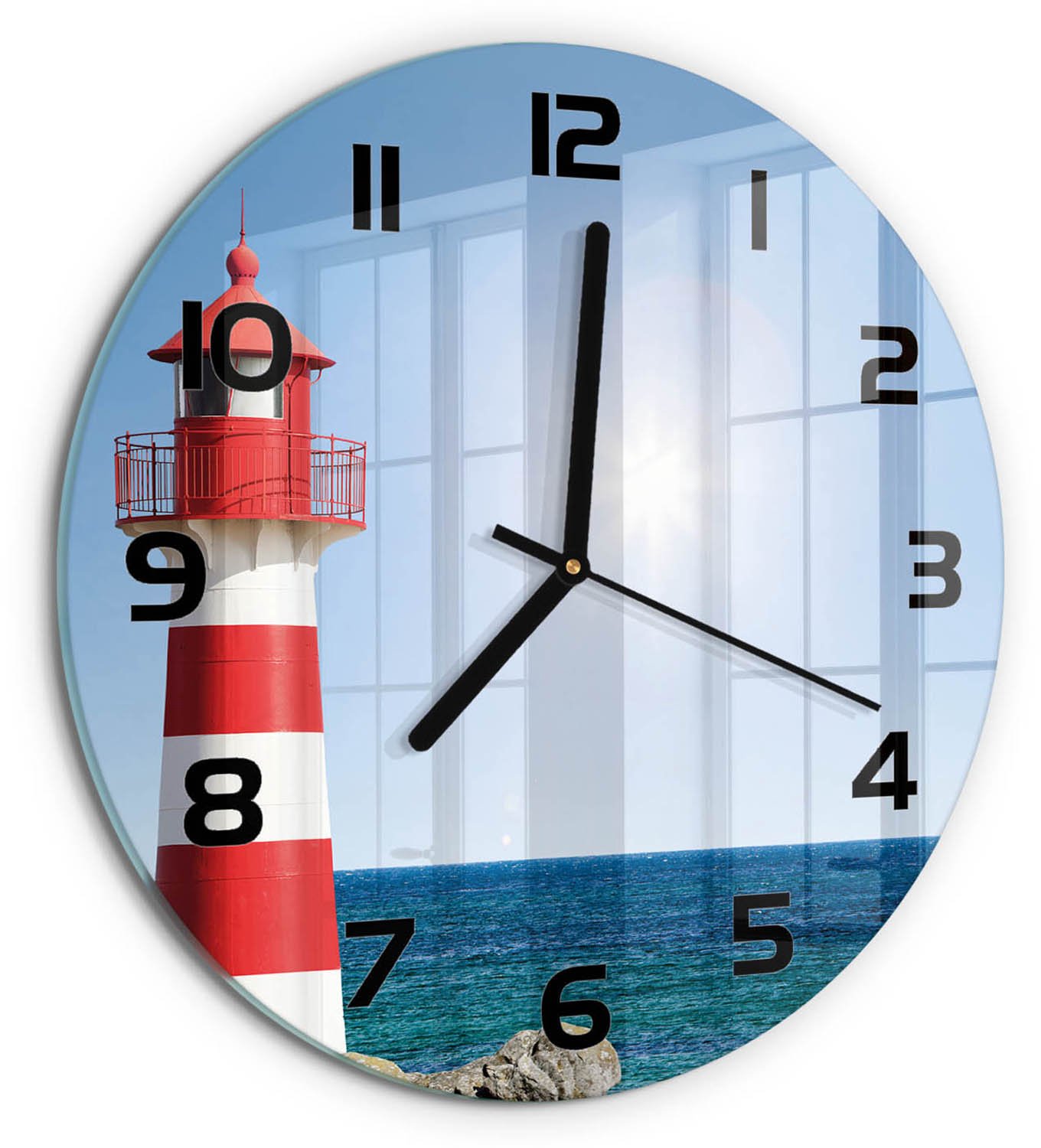 TULUP Wandklok - Vuurtoren Decoratieve Glazen Klok - fi30 cm - Rood Glazen Wandklok Design - Zwarte handen - Ronde Klok - Glazen Klok Met Print - Wandklok Glas Met Motief
